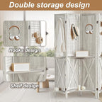 Aleesing 4 Panel Pegboard Display with 16 Hooks, Wooden Pegboard Room Divider Wall with Shelf, Partition Room Dividers and Folding Privacy Screens, Bedroom, Jewelry Store, White