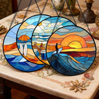 AMDERVEN Stained Glass Window Hanging 4 Pcs Set Blue Ocean Surfing Beach 7.8" - Suncatcher Door Garden Sun Catcher Decor Birthday Mother's Day for Firefighte Men Woman Nana Mom
