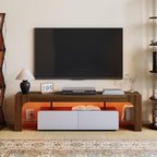 IDEALHOUSE LED TV Stand for 55 to 75 Inch TV, Walnut Entertainment Center with Storage Drawer & Glass Shelves, Modern TV Console Table with Color Changing Lights for Living Room Bedroom