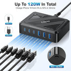MaxLax 120W 6-Port USB Desktop Rapid Charging Station, 3 USB-C Ports + 3 USB-A Ports, PD & QC Smart Adaptive Charging, Compatible with MacBook/iPhone/Samsung/iPad and More(Black)