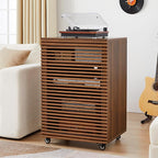 LEVNARY 5-Tier AV Media Cabinet with Grille Door & Adjustable Shelves, Modern Wooden Stereo Rack with Cable Management & Wheels, Audio Video Stand for Living Gaming Room Recording Studio (Walnut)