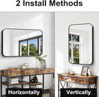 Black Bathroom Mirror, 28x42 inch Aluminum Metal Frame Rectangular Vanity Mirror, Wall Mounted Rectangle Mirrors with Rounded Corner for Bedroom Living Room Hangs Horizontal Or Vertical