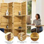 Partition Room Dividers, 67 * 51inch Folding Wood Privacy Screen with Three Display Shelves Suitable for Home Office, Study, Art Display - 4 Panel(Natural)