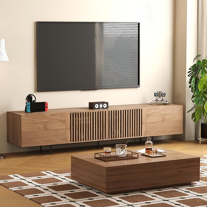 gaoyangjiaju Mid-Century Modern 94.48" TV Stand and Expandable Coffee Table Set, Large Walnut Entertainment Center with Storage for Living Room and Bedroom Furniture Decor