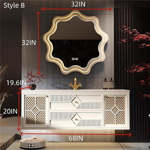 68IN Luxury Floating Bathroom Vanity - Single Sink Bathroom Vanities has Smart Defog Mirror & Slate Countertop | Woven Rattan Perforated Door Panel, LED Lights, 2 Drawers (Style B)