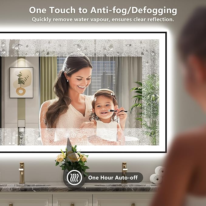 YEELAIT 55x36 Inch LED Bathroom Mirror with Lights (Front Lit and Backlit) Black Framed Lighted Vanity Mirror for Bathroom Wall Dimmable Anti-Fog Memory Tempered Glass Horizontal/Vertical