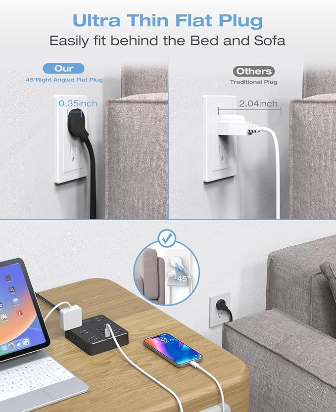 AOFO 20FT Surge Protector Power Strip,12 AC Outlets with 6 USB Ports (2 USB-C), Flat Plug Extension Cord with Multiple Outlets, Wall Mount for Home Office,Dorm,Black
