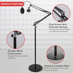 Pyle Microphone Boom Suspension Stand - Scissor Arm Mic Mount w/Shock Mount, Integrated Pop Filter, 3.1' ft. Max Extension, Suitable for Podcast Recording, Broadcasting, Streaming, Stage & Studio Use