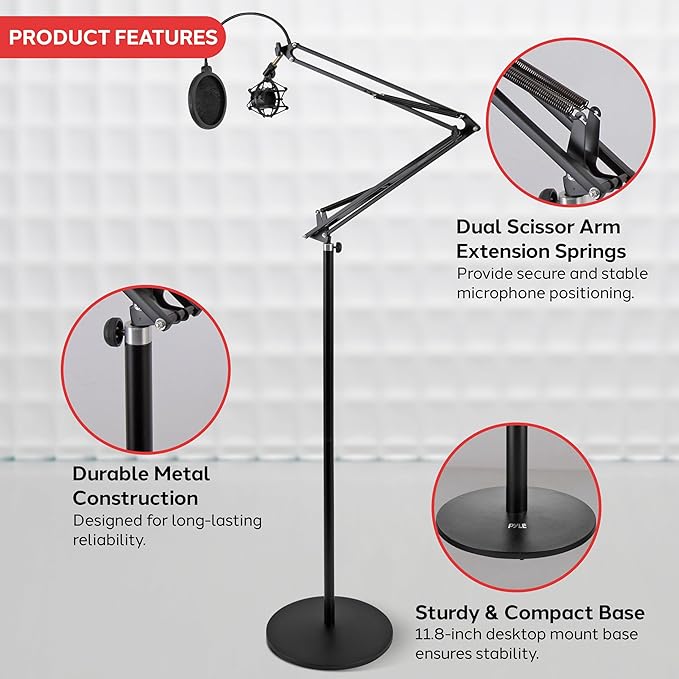 Pyle Microphone Boom Suspension Stand - Scissor Arm Mic Mount w/Shock Mount, Integrated Pop Filter, 3.1' ft. Max Extension, Suitable for Podcast Recording, Broadcasting, Streaming, Stage & Studio Use
