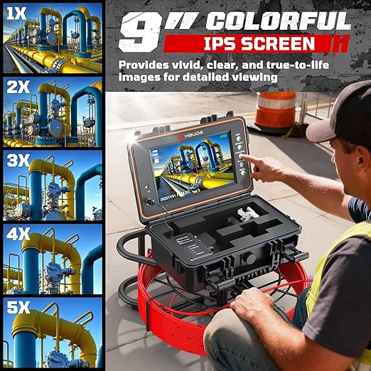 HBUDS Sewer Camera with 512Hz Sonde, Self Leveling 165ft Drain Camera with Meter Counter, 7mm Cable, 9" HD Screen 1080P Plumbing Cameras Snake with Light, 5100mAh Battery Pipe Inspection DVR 32GB