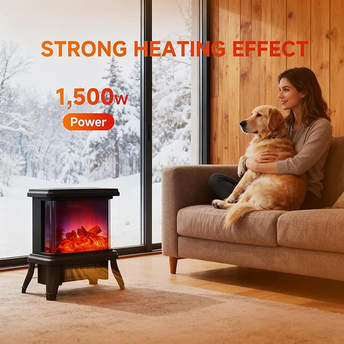 18 inch Panoramic Window with 1500W/1650W Electric Wood Fireplace Flame Effect, 4-in-1 Independent Indoor Space Heater. Full arc 3D Panoramic Flame Effect with 3S Fast Heating