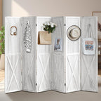 ALeesing 6 Panel Pegboard Room Divider, 5.6Ft Pegboard Display Folding Privacy Screens, Wood Room Divider Peg Board Display Freestanding for Trade Show Craft Show Home Wall Organizer, Retro White