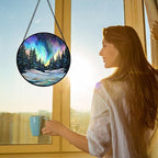 DASTOLL Stained Glass Window Hanging, Aurora Landscape Sun Catchers Glass Panel Green Trees Suncatcher Decor for Birthday for Women, Men, Wife, Aunt, and Mom 9.8 in