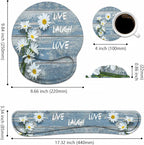 Keyboard Wrist Rest + Mouse Pad Wrist Support Set with Coasters, Dreamy Daisy Vintage Wood Board Live Laugh Love Design Non-Slip PU Base Ergonomic Mousepad for Home Office Working Studying