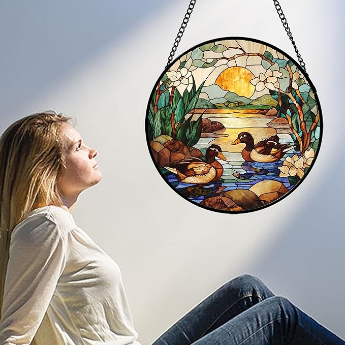 AMDERVEN Stained Glass Window Hanging, Ducks in The Pond Sun Catcher for Door Home Decor Landscape Plant Suncatcher Christmas Mother's Day Birthday Gifts for Women Men Mom Nana 15 in