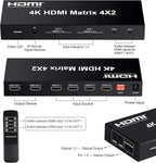 FERRISA 4x2 HDMI Matrix Switch, 4 in 2 Out Matrix HDMI Video Switcher Splitter +Optical & L/R Audio Output,Support Ultra HD 4K, 3D 1080P, Audio EDID Extractor with IR Remote Control