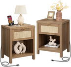 SICOTAS Nightstands Set of 2 with Charging Station Rattan Night Stand with Drawer Boho Bedside Table with USB and Type-C Ports Bed Side Tables for Bedroom Small Space, Oak