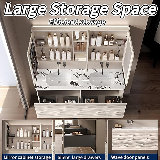 52IN Bathroom Vanity - Smart Defogging Mirror Cabinet | Waterproofing Technology & Wave Shaped Door Panel, Floating Bathroom Vanities with Large Storage Space (Mirror Cabinet)
