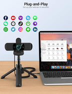RUWBY Full HD 1080P Webcam with Built-in Dual Mics, Wide-Angle Lens, Privacy Cover, Tripod Stand, Autofocus PC Camera, Plug and Play for Desktop Computer or Laptop