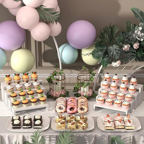 4 Set Large White Wooden Tiered Riser Display Stands for Vendor Events,Stackable Wooden Cupcake Stand,Farmhouse Decor Wood Dessert Table Display Set,Vendor Booth Display Items,Food Display Risers for Party（12-11.2-10.4-9.6IN）