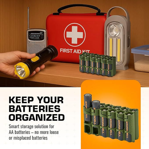 AA Battery Storage Caddy by Storacell, Military Green, Holds 12 Batteries (Not included)