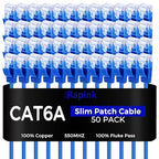 Rapink Patch Cables Cat6a 1ft (50 Pack) Slim, Cat6a Ethernet Patch Cable 10G Support, Snagless Cat 6 Patch Cable for Patch Panel to Switch, Flexiable Cat 6a Ethernet Cable with Gold Plated