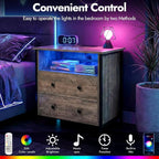 Tykacna 27 Inch Wide Night Stand, Large Wood Night Stand with 2 Drawers, LED Nightstand with Charging Station and Adjustable Drawer, Bedside Table for Living Room/Bedroom/Study/Office, Gray.