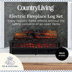 Country Living Electric Fireplace Logs, 27” LED Electric Fireplace Inserts with Infrared Heater, Electric Heater Heats up to 1000 Sq. Ft., Remote Controlled Infrared Heaters for Indoor Use, Black