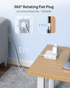 TROND 360° Rotating Plug Power Strip, 5FT Flat Extension Cord with Multiple Outlets 4 USB (2 USB C), Wall Mount Surge Protector 1440 Joules for Home Office Travel Dorm Room Essentials, White