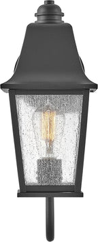 Hinkley Kingston Single Light Wall Mount Outdoor Lantern - Oversized Sweeping Roof & Bottom Arm, Aluminum, Clear Seedy Glass - Black Finish