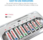 Tenergy TN145 8 Bay Charger and 4 Pack Rechargeable AA Batteries and 4 Pack Rechargeable AAA Batteries, Independent Charging, UL & CE Certified