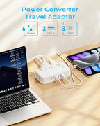 Puveini US to Europe Travel Adapter 220V to 110V Voltage Converter with 4.5A 6-Port USB Charging and UK/AU/US/EU Worldwide Plug Adapter