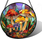 DASTOLL Stained Glass Window Hanging, Jungle Mushrooms Sun Catchers Diamond Glass Panel Hangings Plant Suncatcher Decor for Birthday for Women, Men, Wife, Aunt, and Mom 11.8x11.8 in