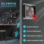 HG Power 12 Inch Shutter Exhaust Fan, 764CFM High-Speed, 1400RPM Wall-Mounted Ventilation Fan for Shed, Garage, Greenhouse - with, ON/OFF Switch & 8FT Power Cord, Black