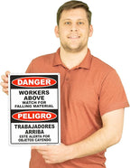 Brimar - 10" x 14" - Bilingual Workers Above Watch For Falling Material Sign - .055″ Polyethylene Plastic - Bold Text And Symbol - Easy Installation