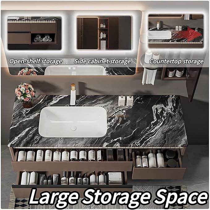 Modern Bathroom Vanity - Spacious Deep Sink | Defogging LED Mirror & Human Body Sensor Light, Open Side Panel, Floating Smart Bathroom Vanities (56IN)