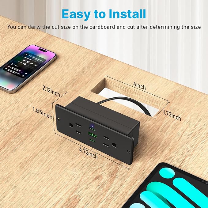 CCCEI Recessed Power Strip with Outlet and 45W USB C Ports, Furniture Flush Mount Power Strip, Small Desk Hidden Outlet for Conference Table, Nightstand, Black, 10FT.