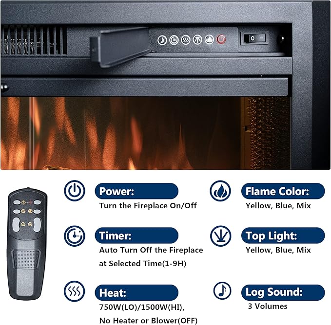Velaychimny 42" Electric Fireplace Insert with Metal Trim Kit, Adjustable Flame, Fire Crackling Sound, Top Light Colors, Timer, Glass Door & Mesh Screen, Black