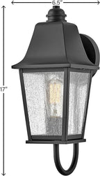 Hinkley Kingston Single Light Wall Mount Outdoor Lantern - Oversized Sweeping Roof & Bottom Arm, Aluminum, Clear Seedy Glass - Black Finish