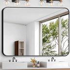 Bathroom Mirror, 48 x 40 inch Black Rectangle Wall Mirror, Metal Frame Rectangular Vanity Mirror, Rounded Corner Wall Mounted Mirror for Modern Bedroom Living Room Hangs Horizontal/Vertical