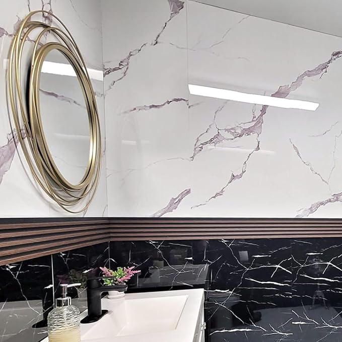 Dundee Deco Faux Marble Wall Panels - 2 ft X 4 ft - Glossy, Waterproof Indoor Wall Cladding - White, Grey Veins - Set of 4 - Covers 31 sq ft