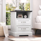 Nightstand with Charging Station,18" Wide End Table with 2 Large Drawers & Metal Handles,Rustic Farmhouse Wood Small Dresser,Bedside Table,Modern Chest of Drawers for Bedroom,Living Room,Off White
