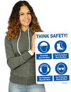 Brimar - 12" x 18" - Think Safety PPE Must Be Worn Sign - .063″ White Rust-Free Aluminum - Comprehensive Message - Easy Installation