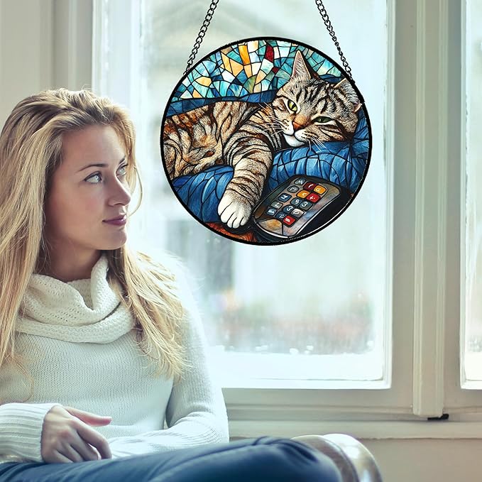 DASTOLL Stained Glass Window Hanging Gray Cat and Remote Control Large 15" - Suncatcher Door Garden Kitchen Sun Catcher Home Decor Birthday for Lost Pets Mom Men Woman Friend Grandma