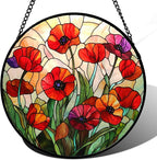 CRISGIF Stained Glass Window Hanging - Poppy Birth Flowers Suncatcher for Door Garden Yard Wildflowers Sun Catchers Decor Christmas Mother's Day Birthday Gifts for Women Mom Nana Friend 6.3 in