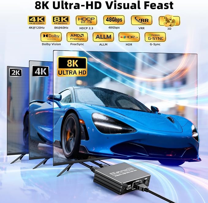 HDMI 2.1 Splitter 1 in 2 Out 4K 120Hz with 8K HDMI Cable and Power Adapter, BolAAzuL 8K 60Hz 1x2 HDMI Y Splitter with Audio Out for Dual Monitors Duplicate, Support HDCP 2.3 HDR for PS5/Xbox/PC/TV