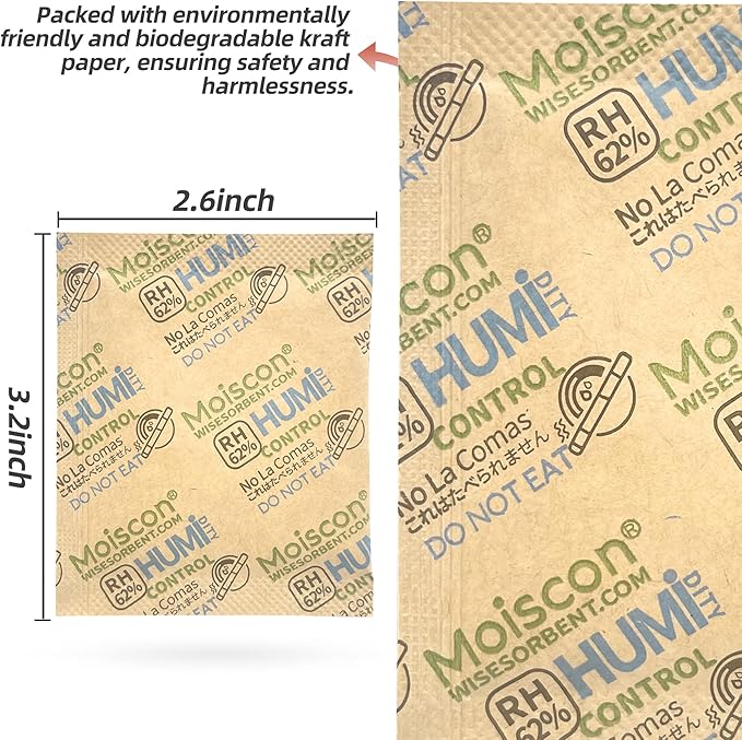 Wisesorb 30 Pack 62% RH 8 Gram Two-Way Humidity Control Packs for Storing 1 oz, Size 8 Moisture Control Packets Individually Wrapped