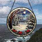 DASTOLL Stained Glass Window Hanging Christmas Tree Winter Snow Night Scenery Large 14.9" - Suncatcher Door Garden Kitchen Sun Catcher Home Decor Birthday for Mom Men Woman Friend