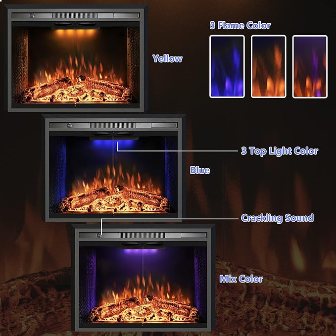 Velaychimny 40" Electric Fireplace Insert with Metal Trim Kit, Adjustable Flame, Fire Crackling Sound, Top Light Colors, Timer, Glass Door & Mesh Screen, Black