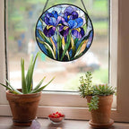 CRISGIF Stained Glass Window Hanging - Blue Purple Iris Flower Suncatcher for Door Garden Patio Sun Catchers Decor Christmas Mother's Day Birthday Gifts for Women Men Mom Nana Aunt Friend 7.8 in